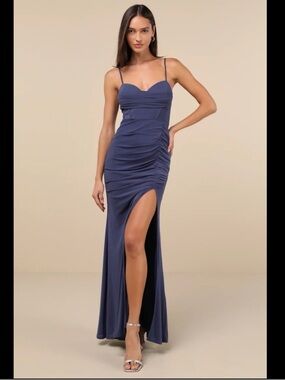 Lulus Flirty Composure Slate Blue Mesh Cowl Bustier Ruched Maxi Dress Small